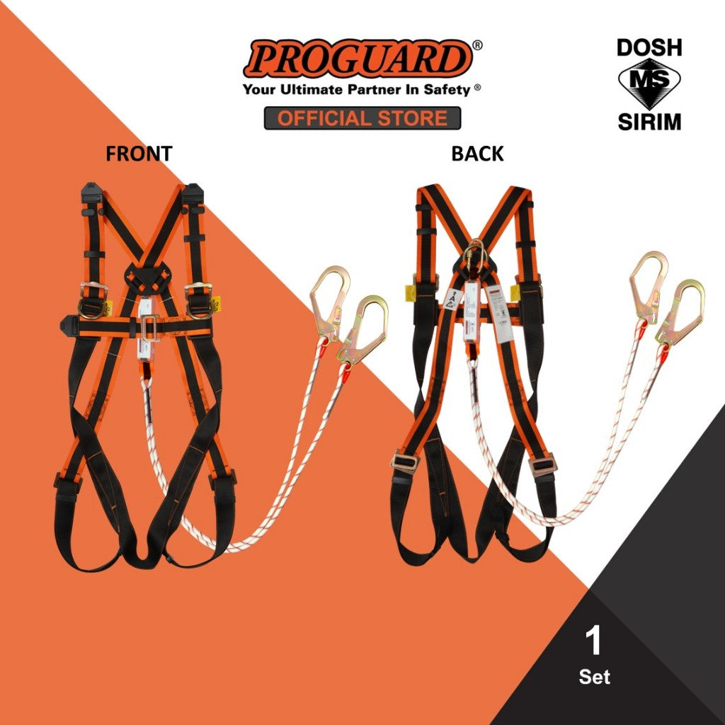 Proguard Full Body Harness 3 D-ring – Double Kernmantle Lanyard Set - BLACK SAFE OUTLET